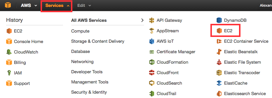 Location of EC2 in Services Dropdown